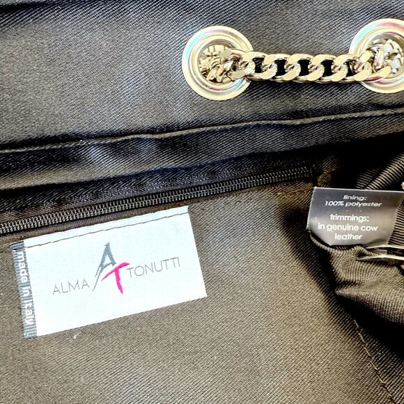 Alma Tonutti Italy Leather Fabric Purse Bag Silver Chain Strap Woven White Tan - Picture 7 of 11